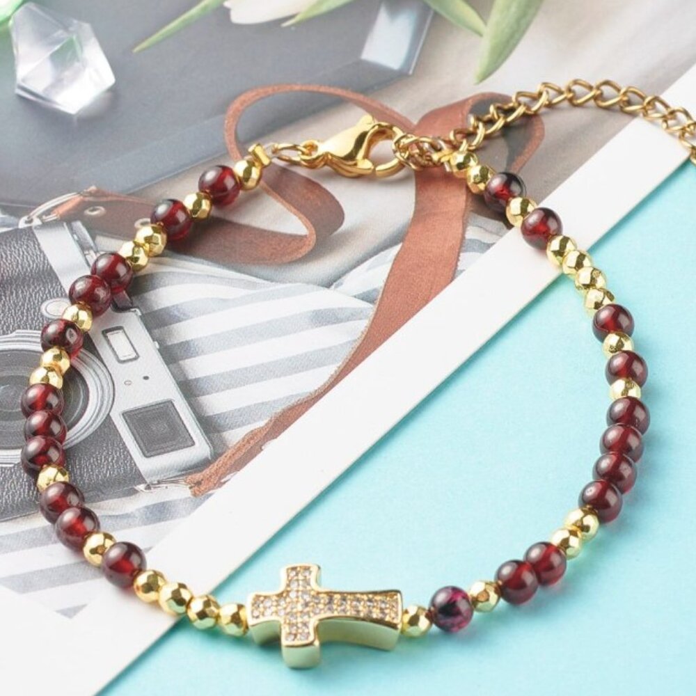 Dainty Cross W Pave Cz & Natural Garnet, Adjustable Gemstone bracelet HANDMADE - Picture 2 of 6